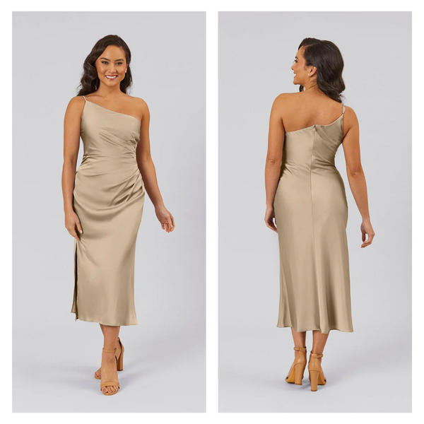 One Shoulder Satin Midi Dress in Taupe