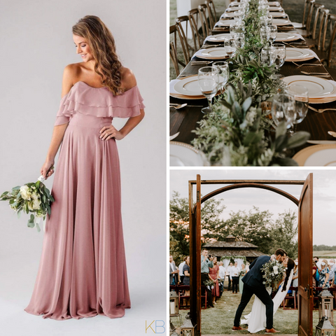 Kennedy Blue Bridesmaid Dress "Allison" in 'Desert Rose'. Wedding photos with rustic chic decor and decorative greenery.
