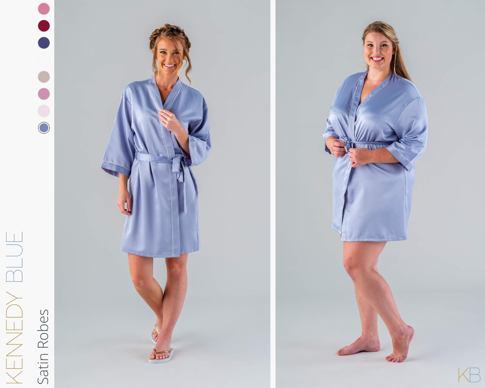 Models wearing Kennedy Blue Satin Bridesmaid robes in the color 'dusty blue'.