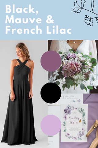 black, mauve and French lilac wedding palette