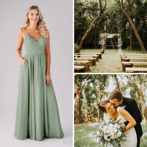 Kennedy Blue Bridesmaid Dress "Cameron" in 'Sage Green'. Wedding photos with a fairytale ceremony setting and bride and groom smiling. 