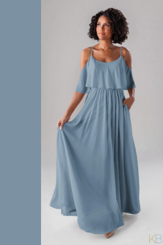 Model wearing Kennedy Blue Bridesmaid Dress "Nora" in 'Slate Blue'.