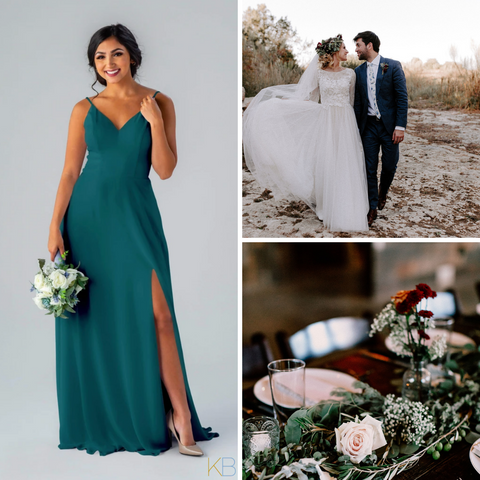 Model wearing Kennedy Blue Bridesmaid Dress "Sophie" in 'Teal'. Wedding photos of bride wearing a greenery headpiece walking with groom, and an elegant reception room with greenery. 