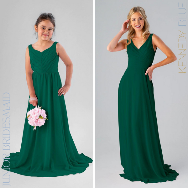 Kennedy Blue models wearing bridesmaid dresses in 'Emerald Green'.