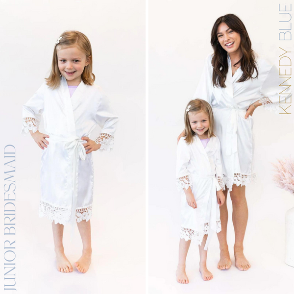 Models wearing Satin and Lace Junior Bridesmaid Robe and Bridesmaid Robes in 'White'.