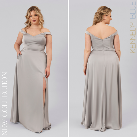 Model wearing Kennedy Blue Satin Bridesmaid Dress "Arwen" in 'Grey'