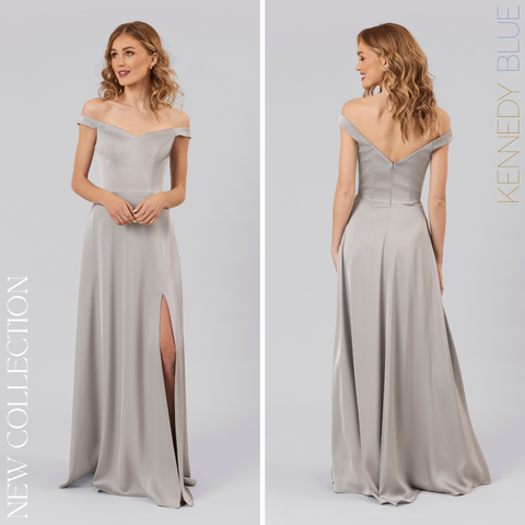 Model wearing Kennedy Blue Satin Bridesmaid Dress "Arwen" in 'Grey'