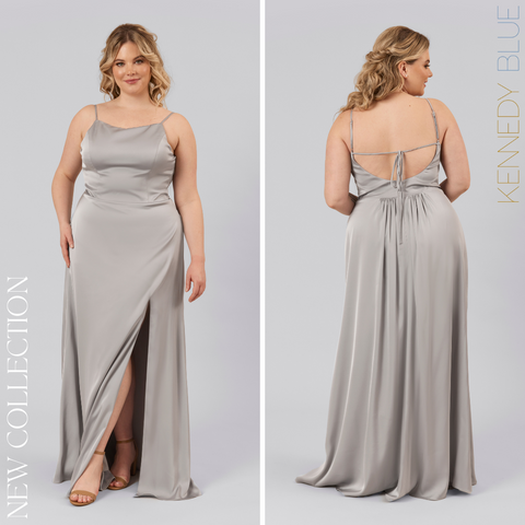 Model wearing Kennedy Blue Satin Bridesmaid Dress "Daphne" in 'Grey'