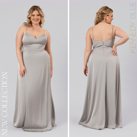 Model wearing Kennedy Blue Satin Bridesmaid Dress "Dawson" in 'Grey'