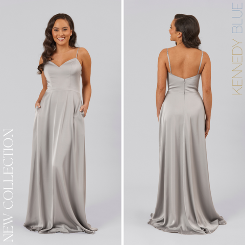 Model wearing Kennedy Blue Satin Bridesmaid Dress "Dawson" in 'Grey'