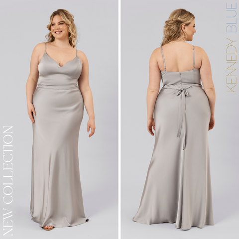 Model wearing Kennedy Blue Satin Bridesmaid Dress "Demi" in 'Grey'