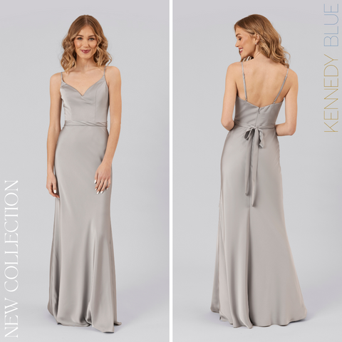 Model wearing Kennedy Blue Satin Bridesmaid Dress "Demi" in 'Grey'
