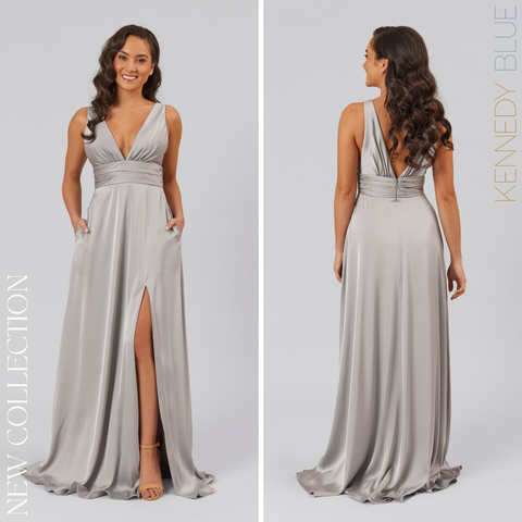 Model wearing Kennedy Blue Satin Bridesmaid Dress "Dottie" in 'Grey'