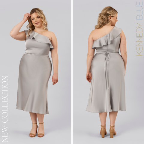 Model wearing Kennedy Blue Satin Bridesmaid Dress "Freya" in 'Grey'