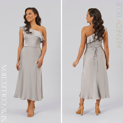 Model wearing Kennedy Blue Satin Bridesmaid Dress "Freya" in 'Grey'