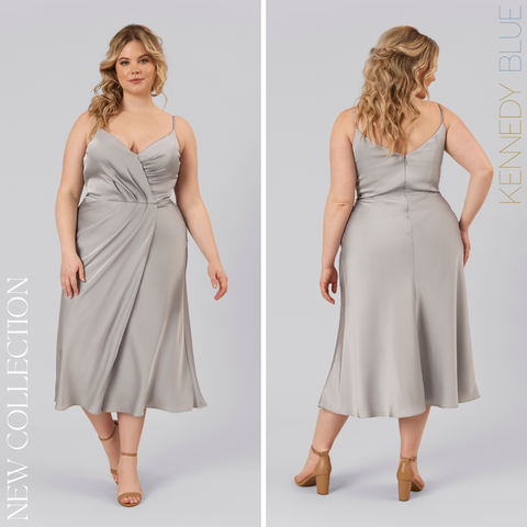 Model wearing Kennedy Blue Satin Bridesmaid Dress "Jack" in 'Grey'