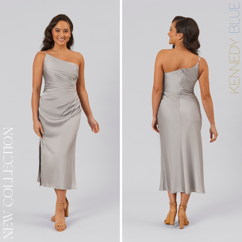 Model wearing Kennedy Blue Satin Bridesmaid Dress "Lexi" in 'Grey'