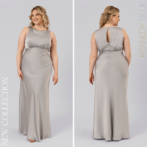 Model wearing Kennedy Blue Satin Bridesmaid Dress "Monica" in 'Grey'