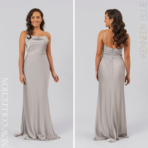 Model wearing Kennedy Blue Satin Bridesmaid Dress "Quin" in 'Grey'