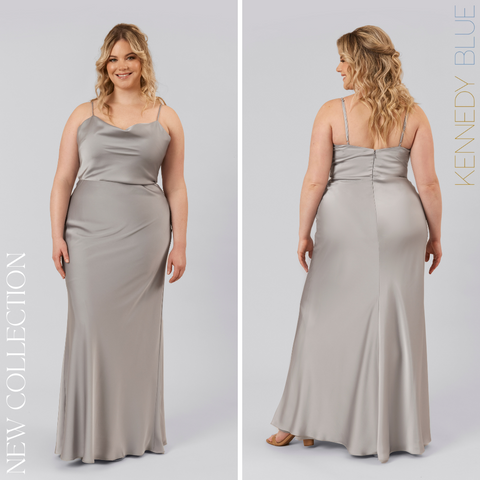 Model wearing Kennedy Blue Satin Bridesmaid Dress "Quin" in 'Grey'