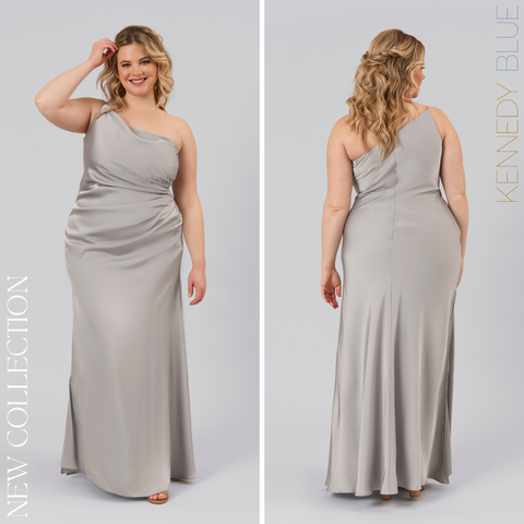 Model wearing Kennedy Blue Satin Bridesmaid Dress "Reid" in 'Grey'