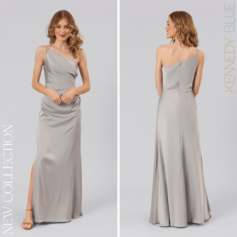 Model wearing Kennedy Blue Satin Bridesmaid Dress "Reid" in 'Grey'