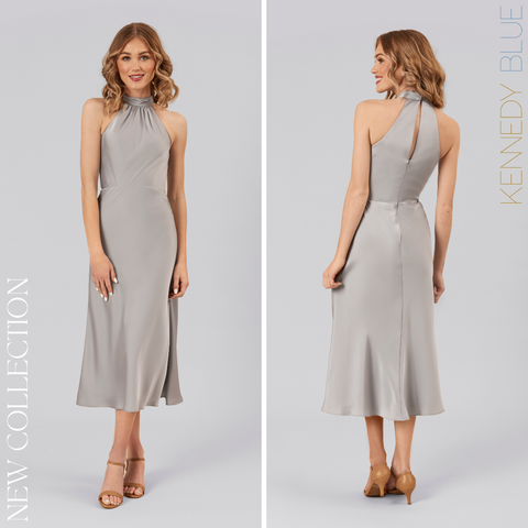 Model wearing Kennedy Blue Satin Bridesmaid Dress "Rowen" in 'Grey'