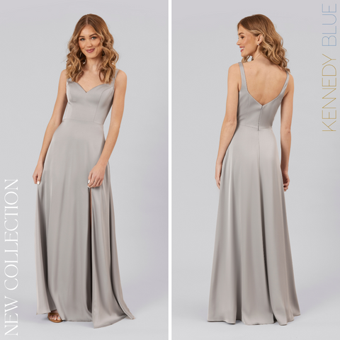 Model wearing Kennedy Blue Satin Bridesmaid Dress "Sabrina" in 'Grey'