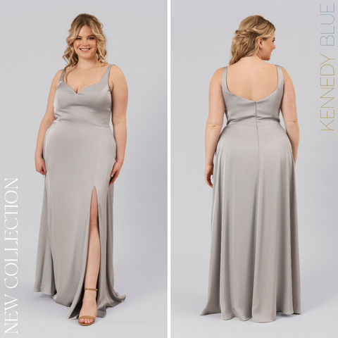 Model wearing Kennedy Blue Satin Bridesmaid Dress "Sabrina" in 'Grey'