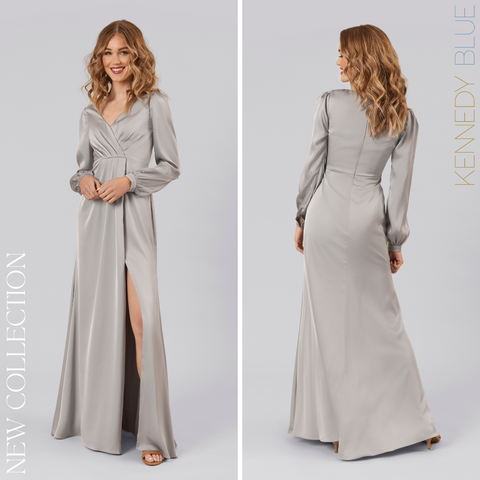 Model wearing Kennedy Blue Satin Bridesmaid Dress "Tilda" in 'Grey'