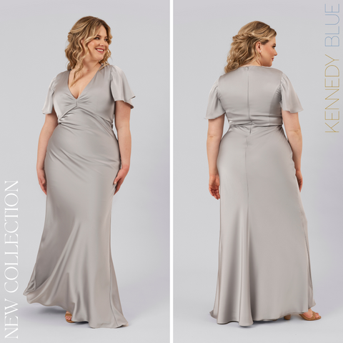 Model wearing Kennedy Blue Satin Bridesmaid Dress "Tabitha" in 'Grey'