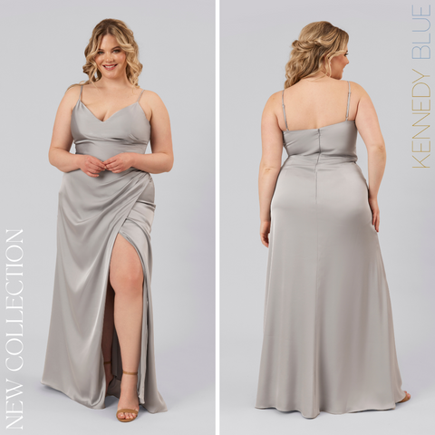 Model wearing Kennedy Blue Satin Bridesmaid Dress "Tiffany" in 'Grey'