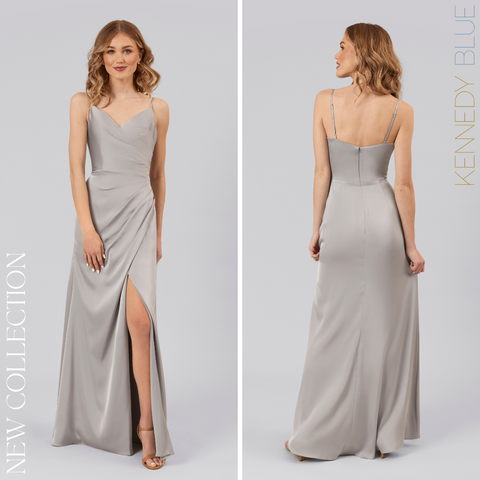 Model wearing Kennedy Blue Satin Bridesmaid Dress "Tiffany" in 'Grey'