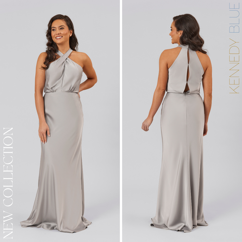 Model wearing Kennedy Blue Satin Bridesmaid Dress "Zara" in 'Grey'