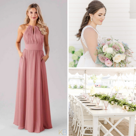 Model in Kennedy Blue Bridesmaid Dress "Bailey" in 'Dusty Pink'. Wedding photos with Bride holding a beautiful bouquet with flowers.