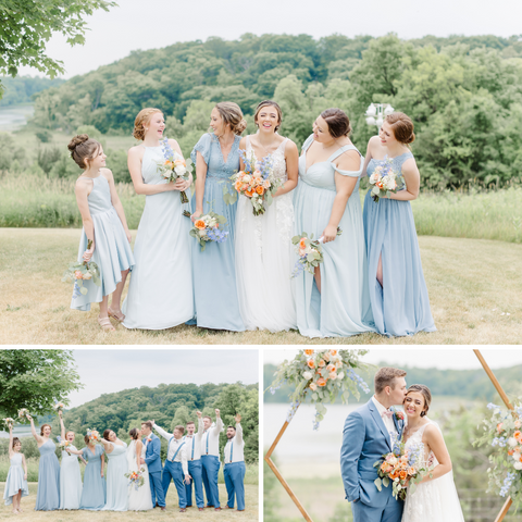 Wedding photos with bridal party wearing blue bridesmaid dresses and blue suits.