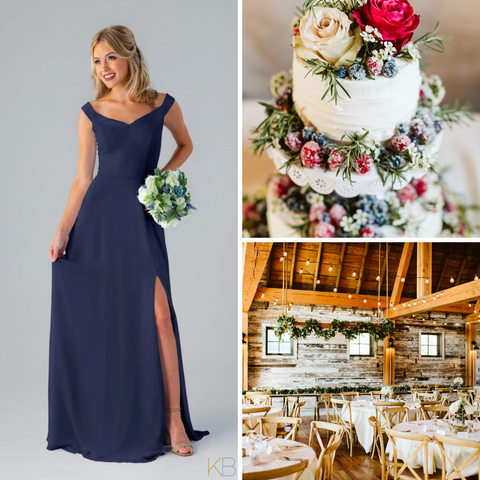 Model wearing Kennedy Blue Bridesmaid Dress "Haley" in color 'Sapphire'. Wedding photos in rustic-chic setting and berries on a wedding cake. 