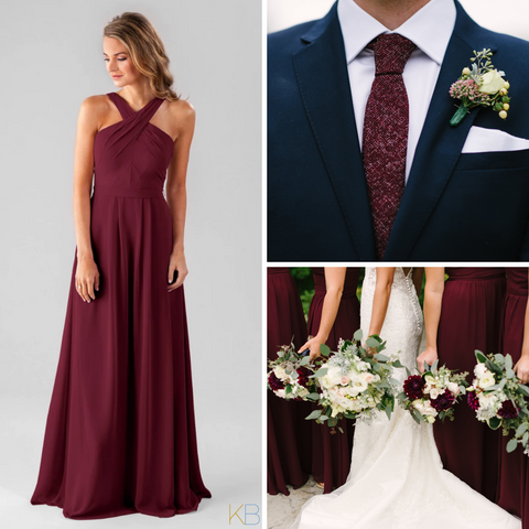 Model in Kennedy Bridesmaid Dress "Elena" in 'Bordeaux'. Wedding photos with Groom wearing red tie with festive flower piece, and bridesmaids wearing red dresses.