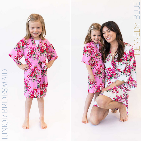 Models wearing a Pink Floral Junior Bridesmaid Robe and Bridesmaid Robes.