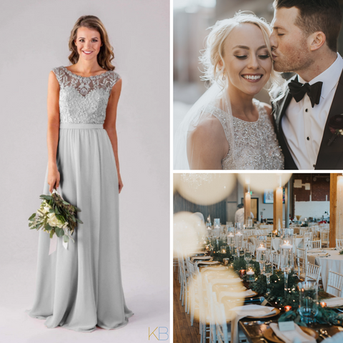 Model wearing Kennedy Blue Bridesmaid Dress "Kinsley - Beaded" in 'Silver'. Wedding photos with bride and groom and a festive reception room.