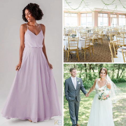 Model in Kennedy Blue Bridesmaid Dress "Anne" in color 'Wisteria'. Wedding photos with bride and groom walking through a field and a reception room decorated with greenery and gold chiavari chairs.