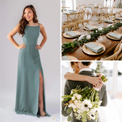 Model in Kennedy Blue Bridesmaid Dress "Alice" in color 'Deep Sea'. Wedding photos with bride and groom and an elegant reception area.
