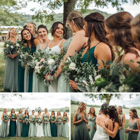 Wedding photos with bride and bridesmaids standing alongside one another. The bridesmaids are wearing mismatched dresses and mismatched colors.