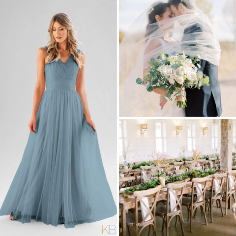 Model in Kennedy Blue Bridesmaid Dress "Joelle" in 'Slate Blue'. Wedding photos with a bride and a beautiful flower bouquet and an elegant dining area.