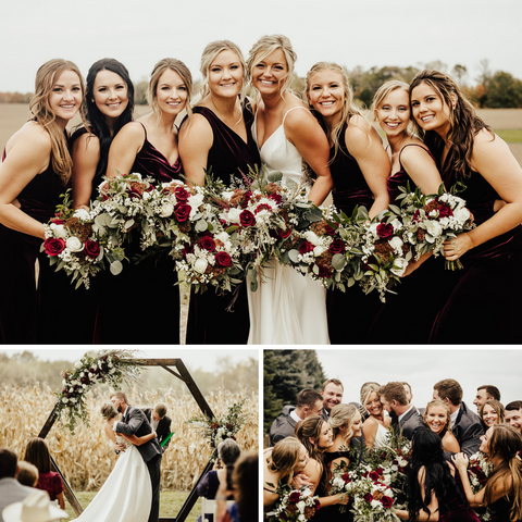 Wedding photos with a boho-chic wedding. The bridesmaids are wearing beautiful dark red velvet dresses.