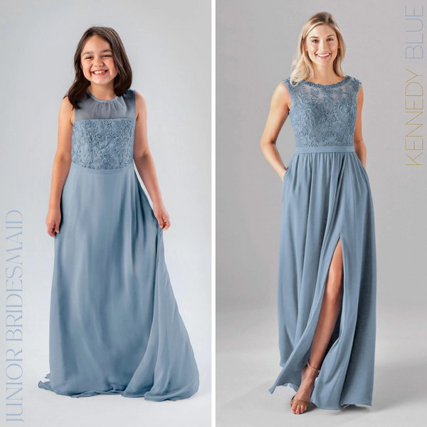 Models wearing an embroidered Kennedy Blue Junior Bridesmaid Dress and a Bridesmaid Dress in 'Slate Blue'.