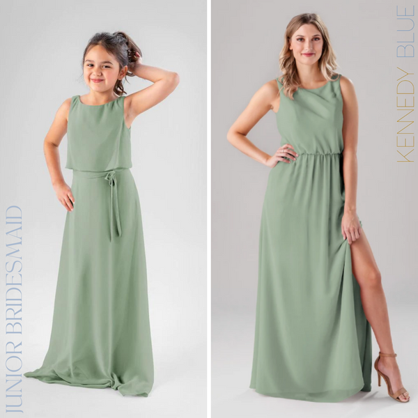 Kennedy Blue models wearing bridesmaid dresses in 'Sage Green'.