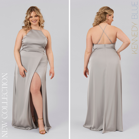 Model wearing Kennedy Blue Satin Bridesmaid Dress "Marnie" in 'Grey'