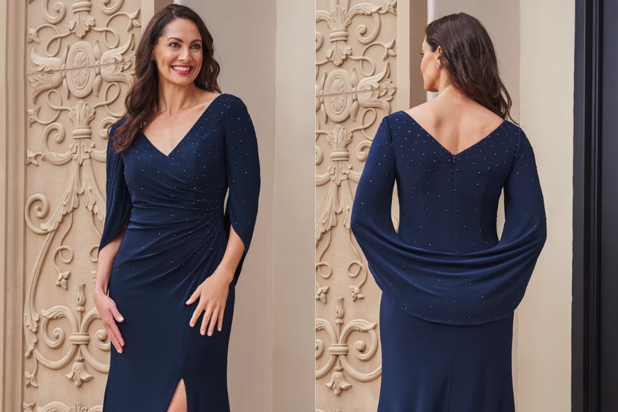 Mother of the Bride Dress with Cowl Draped Sleeves