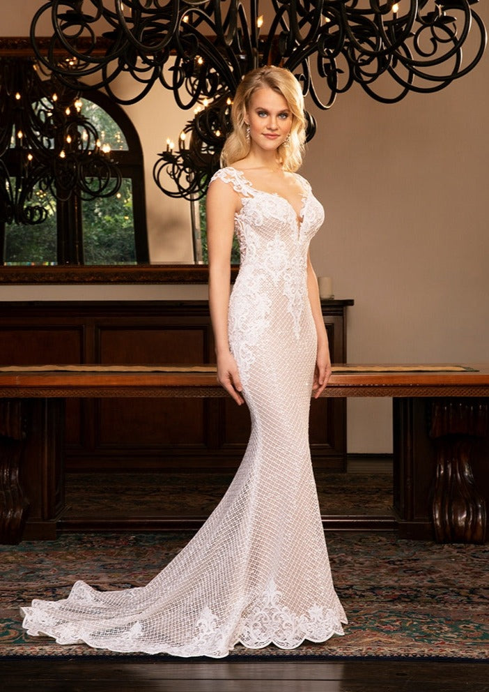 casablanca fit and flare wedding dress